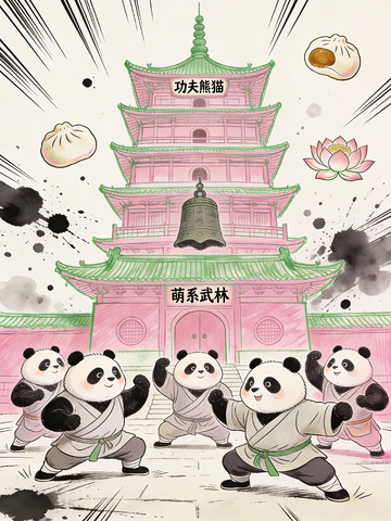 萌熊猫武林习艺，古刹钟鸣裹香包