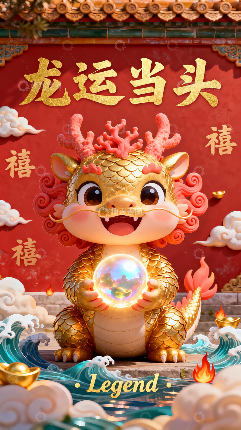 高清大图下载【趣麦麦图】金鳞萌龙拥宝现，龙运当头福满门