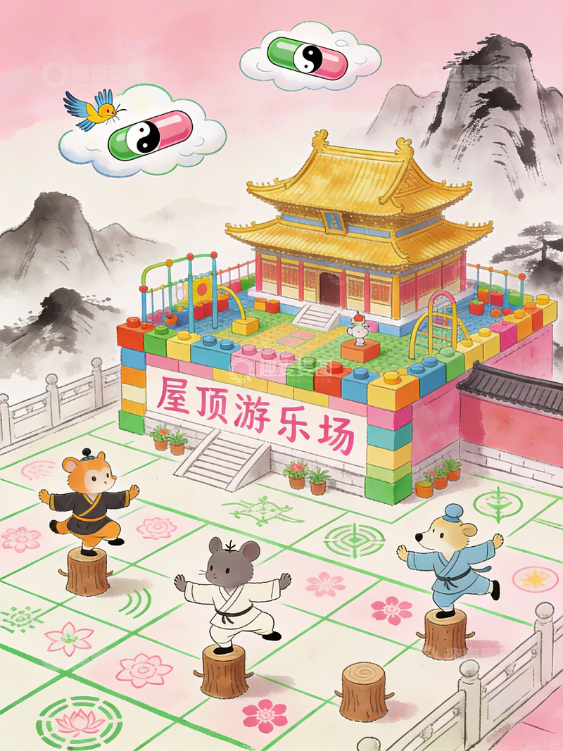 高清大图下载【趣麦麦图】古殿顶乐高筑场，萌宠习武乐游园