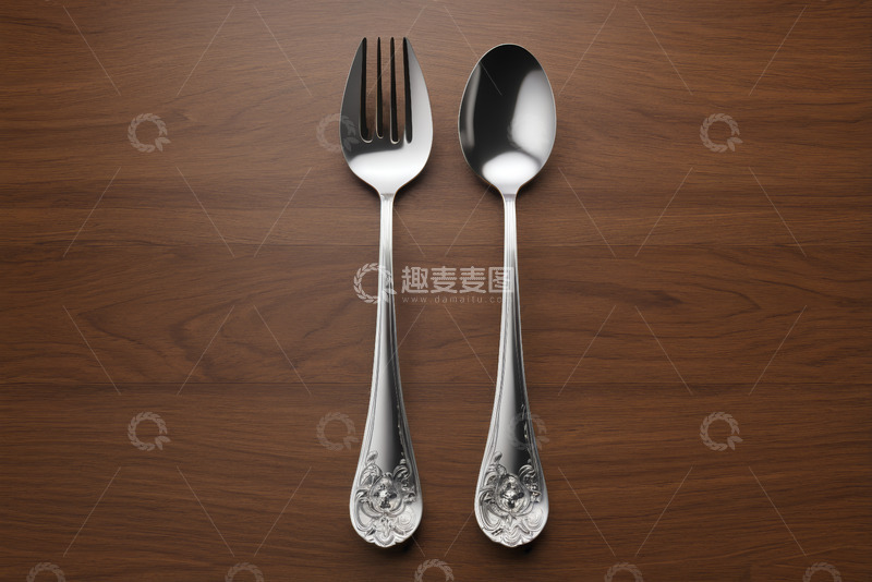高清大图下载【趣麦麦图】木质桌面上的银色餐具