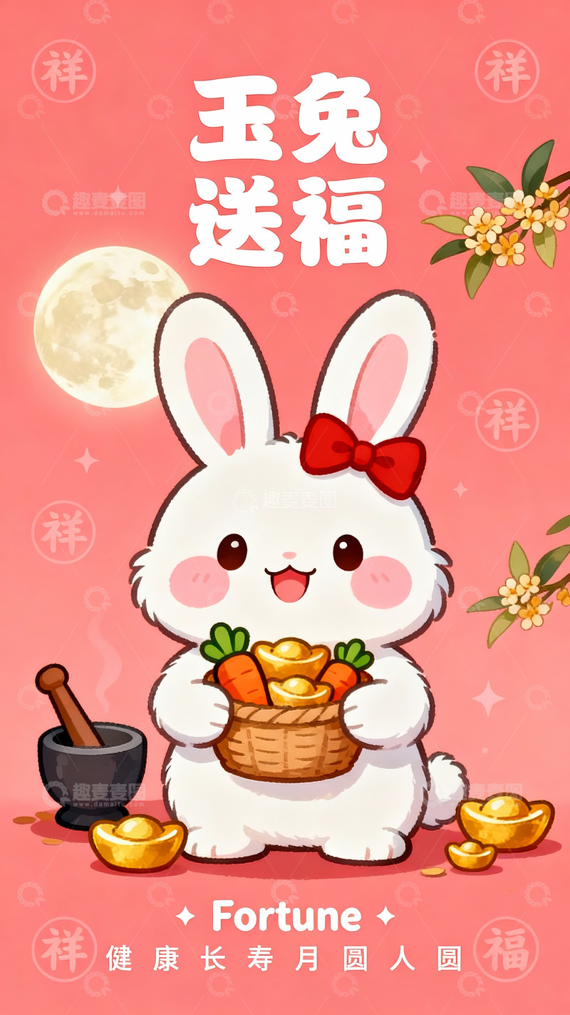 高清大图下载【趣麦麦图】玉兔捧筐呈宝，月圆人寿福满门