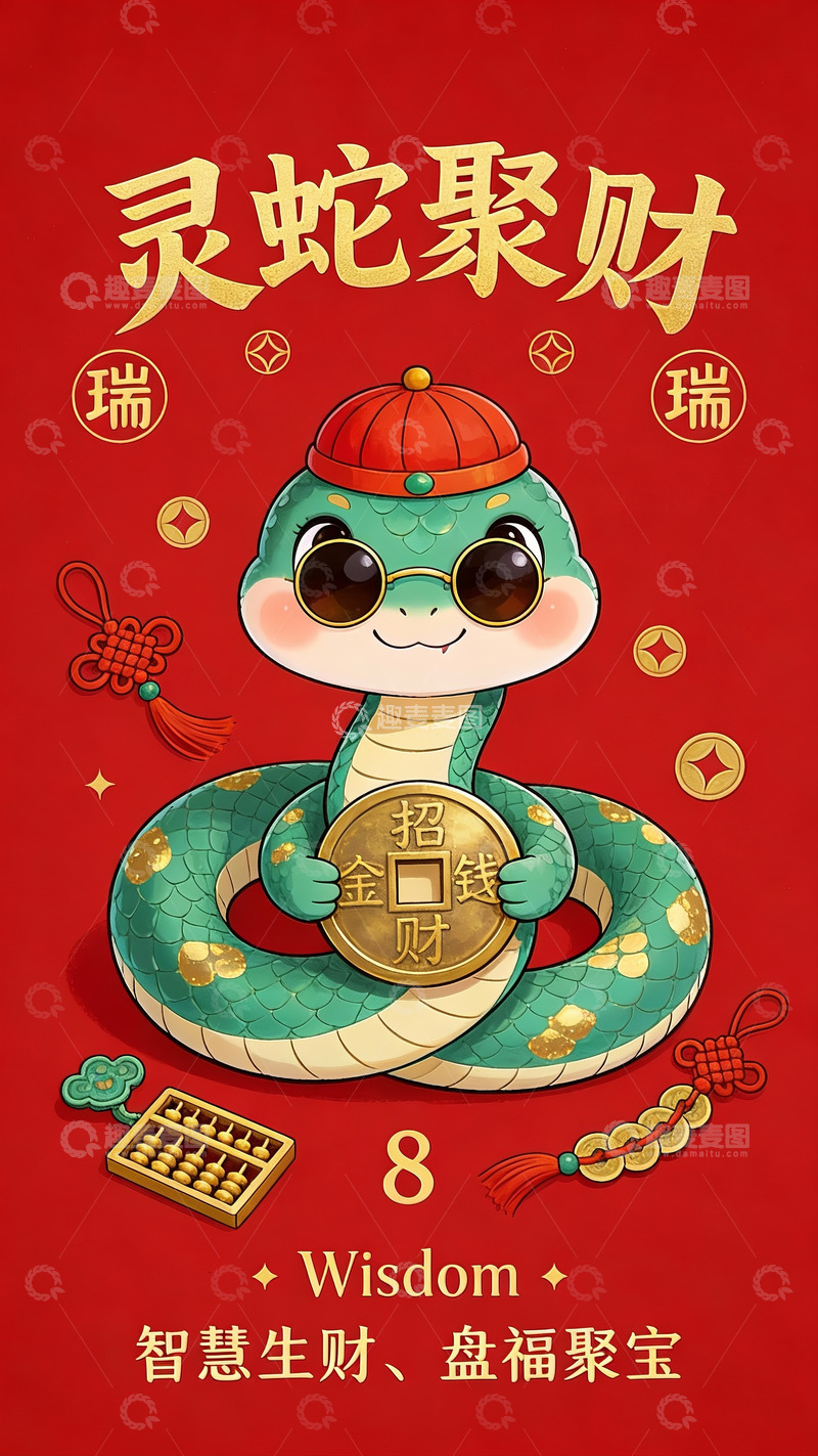 高清大图下载【趣麦麦图】灵蛇衔宝聚财纳瑞