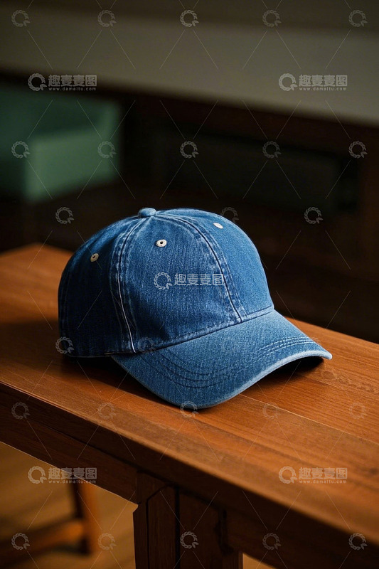 木质桌面上的牛仔布棒球帽