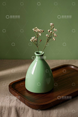 绿色花瓶与托盘上的植物装饰