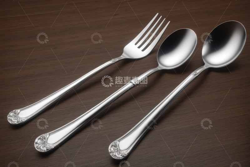 高清大图下载【趣麦麦图】木质桌面上的银质餐具组合
