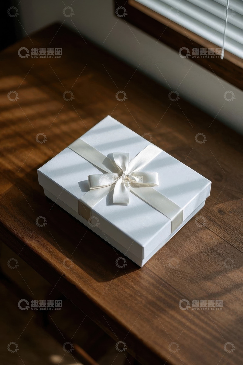 高清大图下载【趣麦麦图】木桌上的白色丝带礼物盒