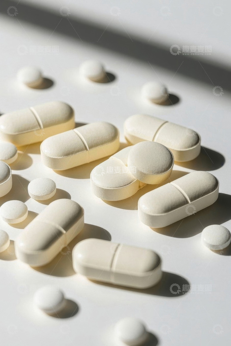 高清大图下载【趣麦麦图】散落的白色药丸与胶囊素材