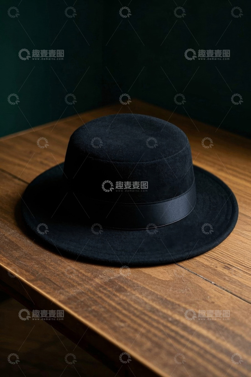 高清大图下载【趣麦麦图】黑色帽子置于木质桌面上