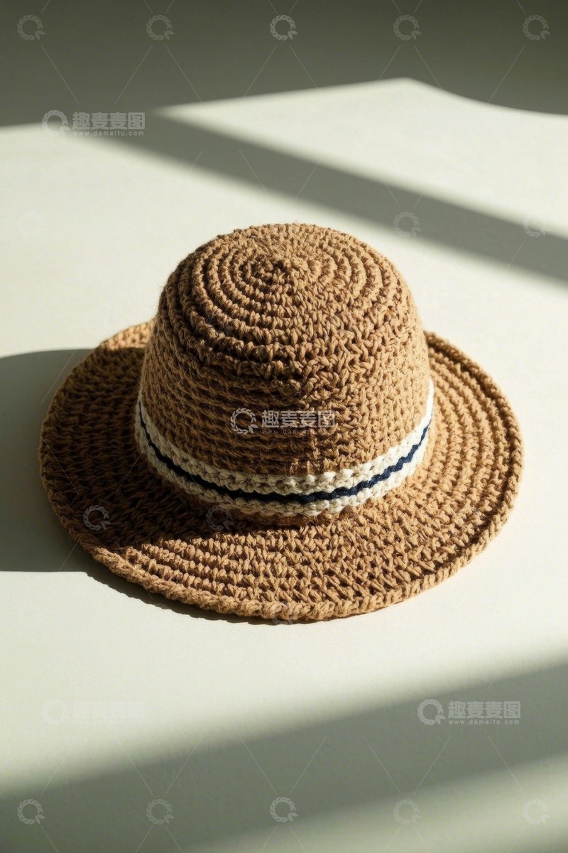 高清大图下载【趣麦麦图】棕色条纹装饰草帽特写
