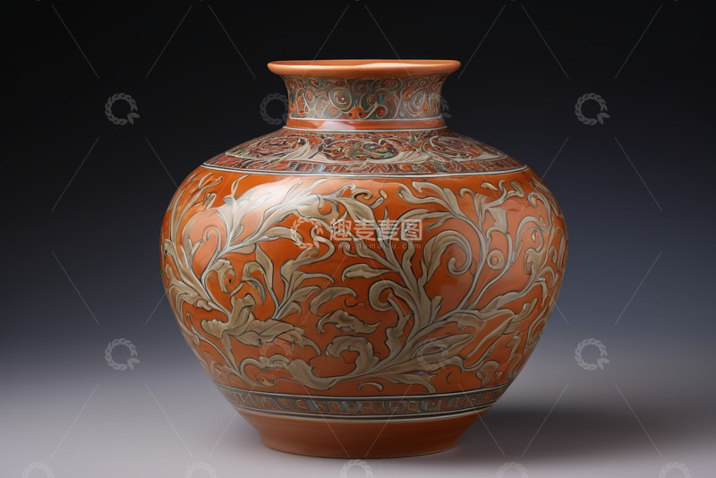 高清大图下载【趣麦麦图】橙色花纹陶瓷花瓶特写