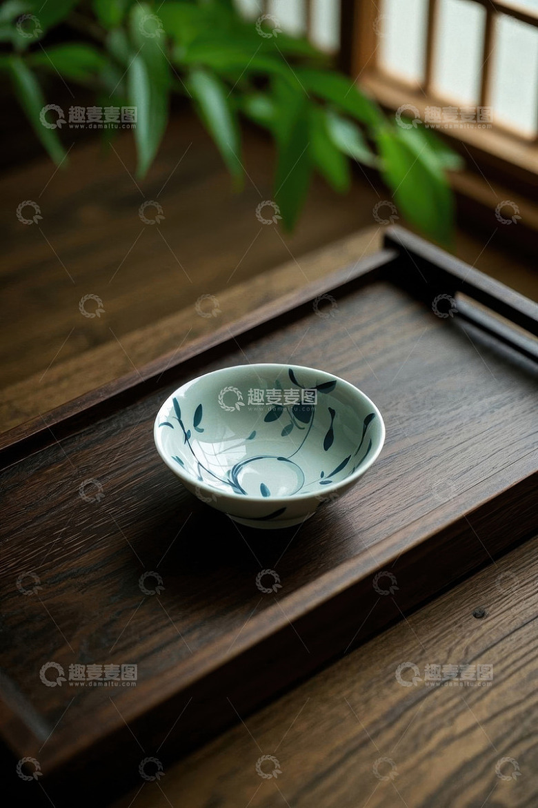 中式托盘上的蓝白花纹瓷碗