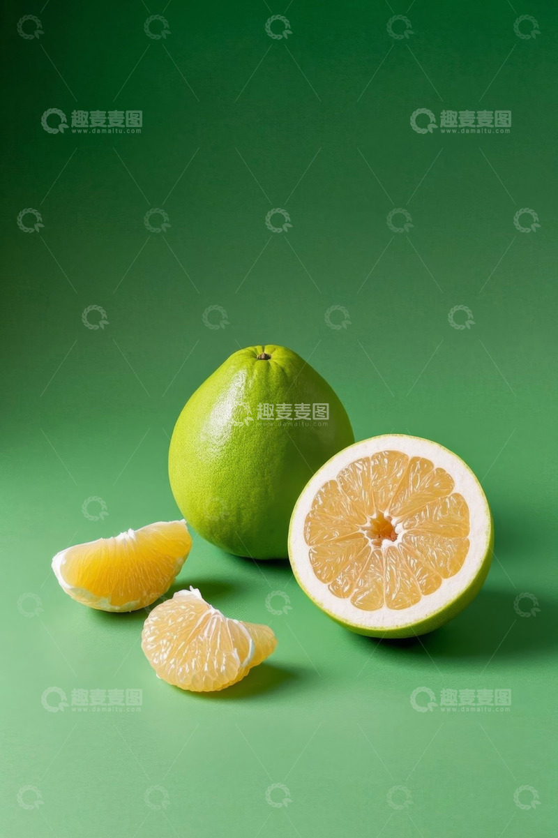 高清大图下载【趣麦麦图】绿色背景下的柚子及切片