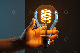 手持发光灯泡特写