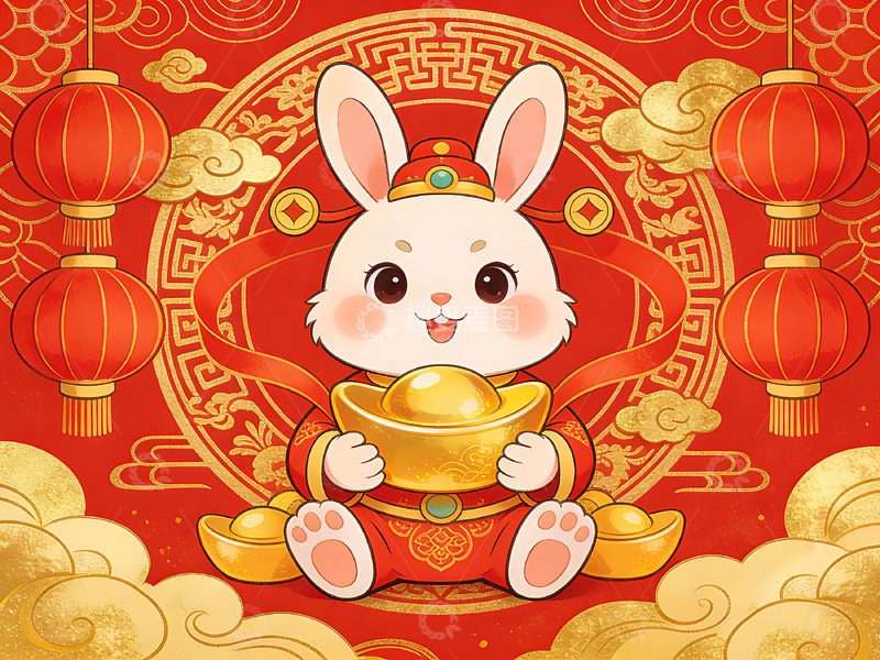 高清大图下载【趣麦麦图】喜庆兔年元宝插画
