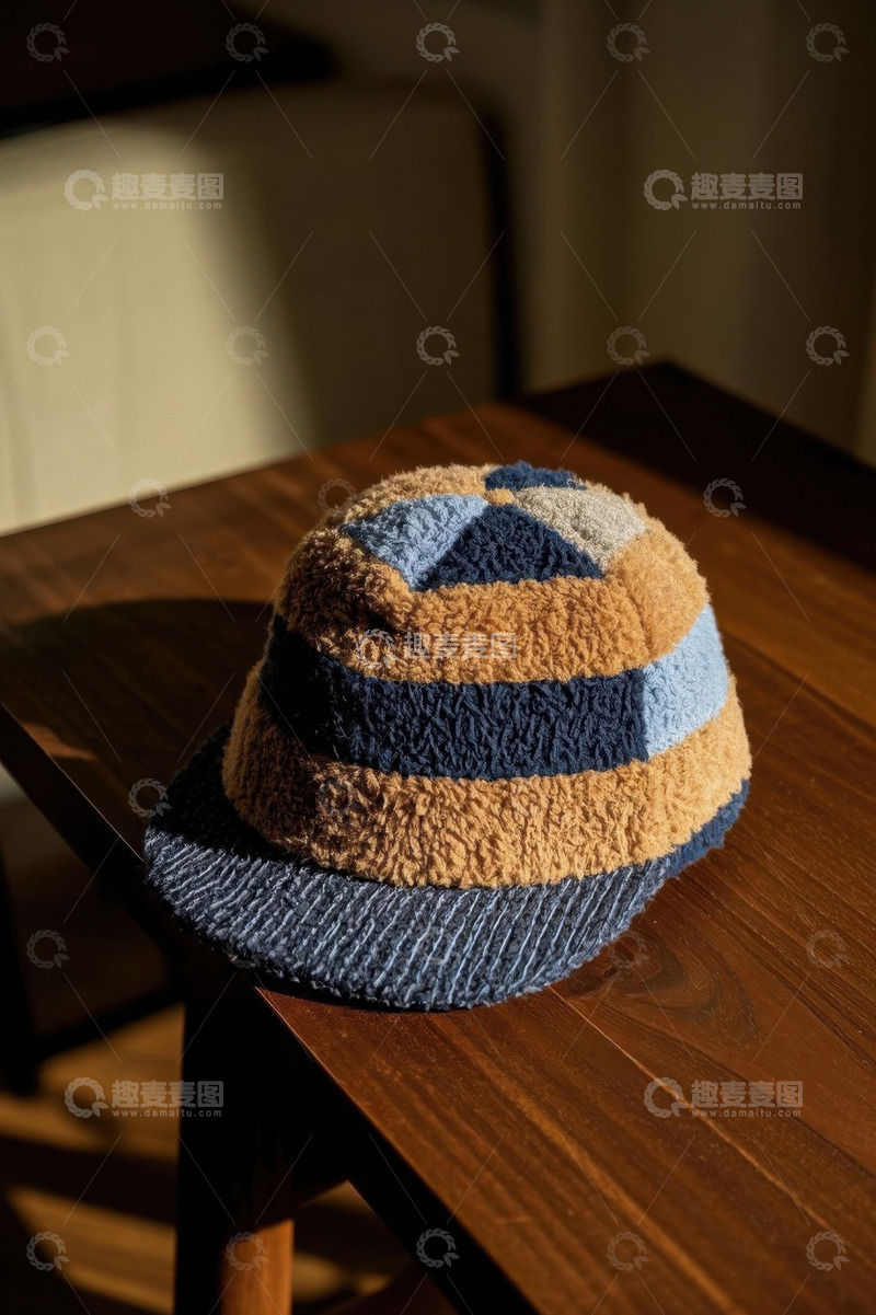 高清大图下载【趣麦麦图】木质桌上的拼色毛绒帽子