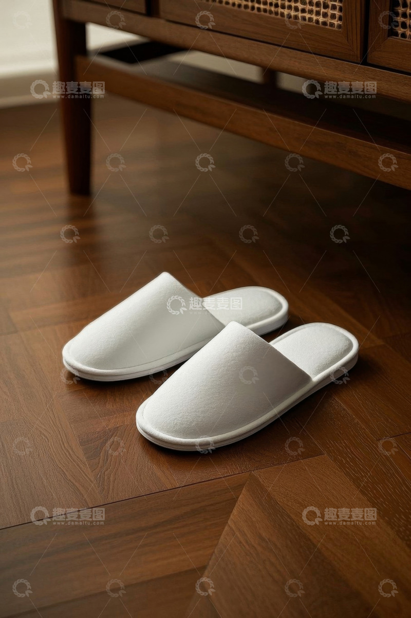 高清大图下载【趣麦麦图】室内木地板上的白色家居拖鞋