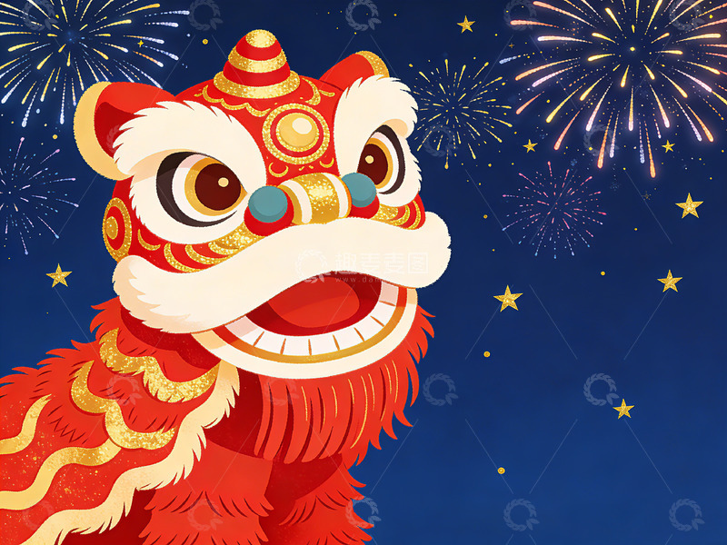 高清大图下载【趣麦麦图】喜庆舞狮节日插画