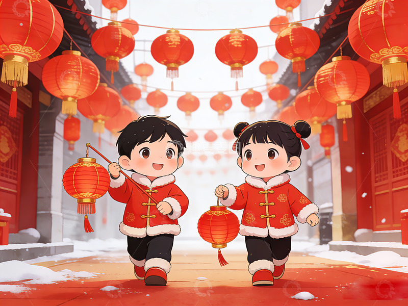 高清大图下载【趣麦麦图】春节儿童灯笼喜庆插画
