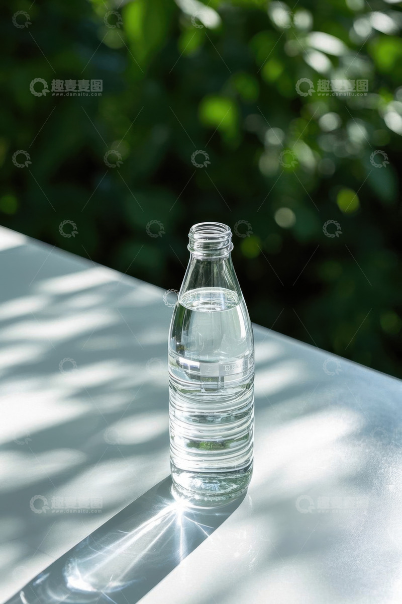 高清大图下载【趣麦麦图】玻璃瓶装水置于户外桌面