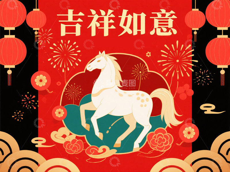 高清大图下载【趣麦麦图】中国风吉祥马插画