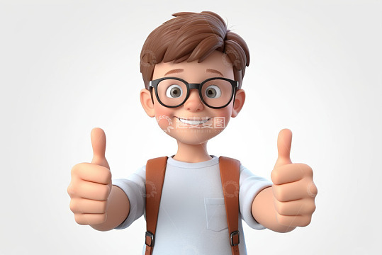 卡通男孩背书包竖大拇指