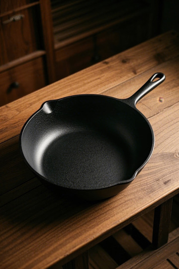 木质桌面上的铸铁煎锅