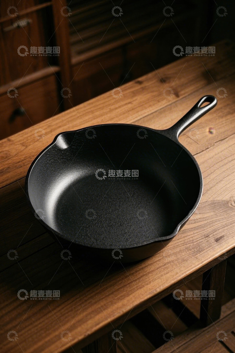 高清大图下载【趣麦麦图】木质桌面上的铸铁煎锅