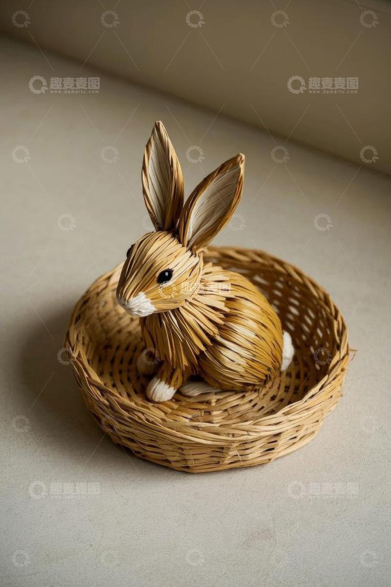 高清大图下载【趣麦麦图】编织兔子摆件置于篮子中