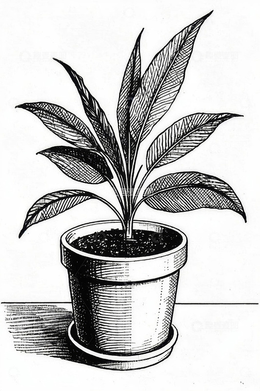 盆栽植物黑白手绘插画