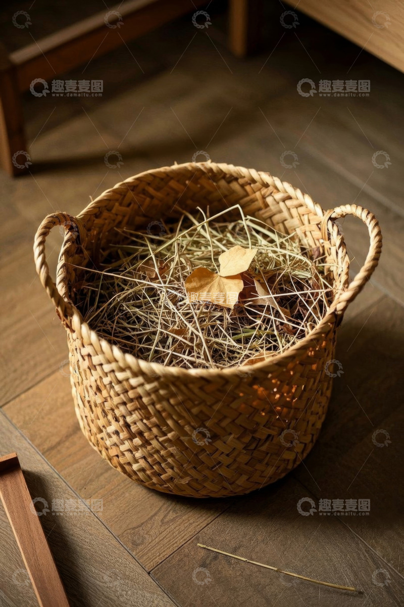 高清大图下载【趣麦麦图】室内地板上的编织篮与干草