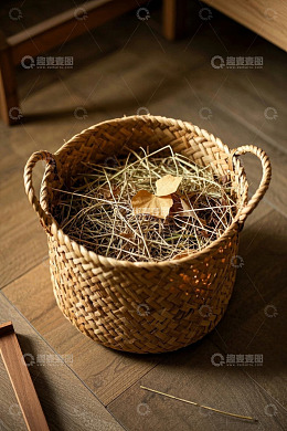 室内地板上的编织篮与干草