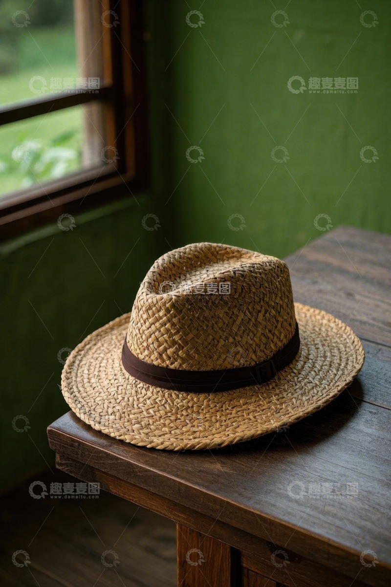 高清大图下载【趣麦麦图】木桌上的编织草帽