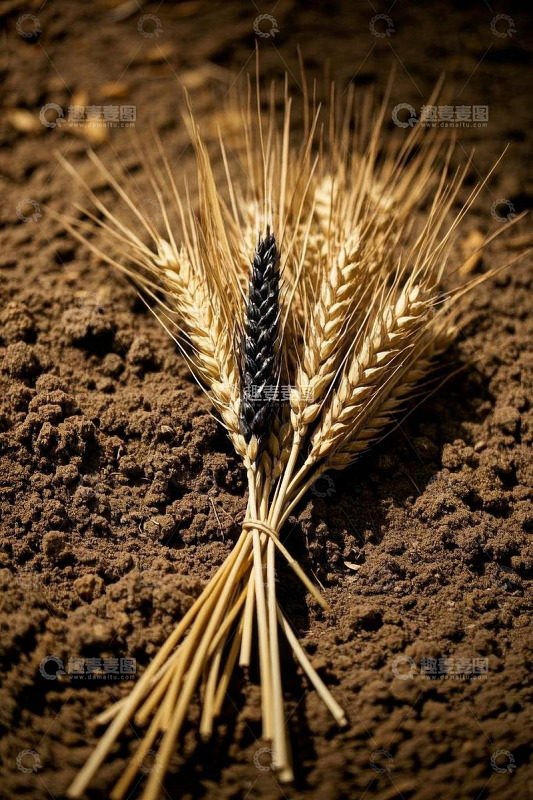 泥土上的小麦麦穗特写