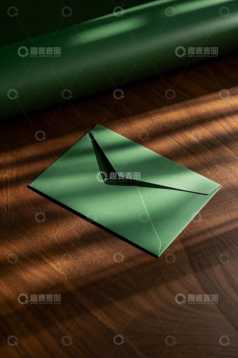 高清大图下载【趣麦麦图】绿色信封置于木质桌面上