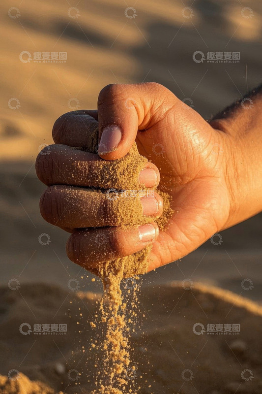 手在沙漠中攥沙洒落画面
