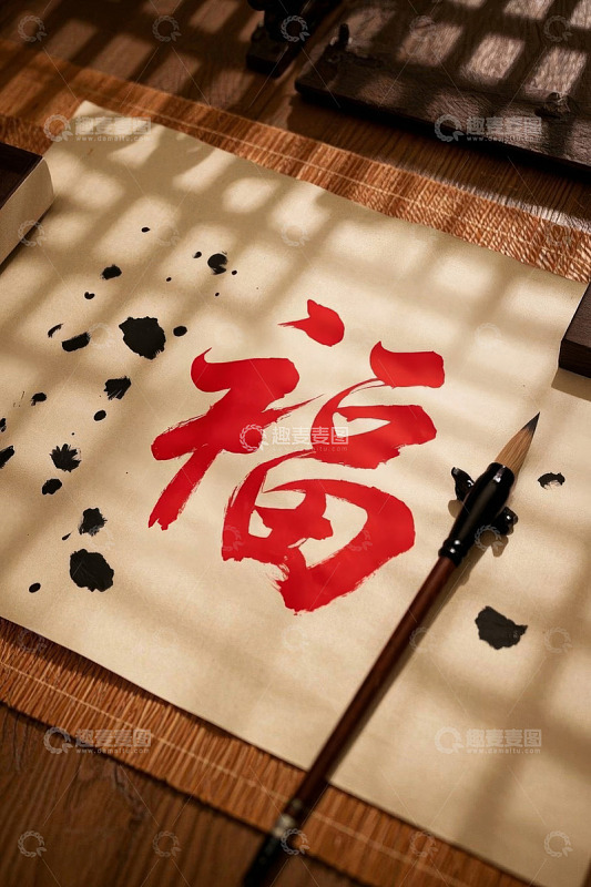 纸上毛笔书写红色福字画面