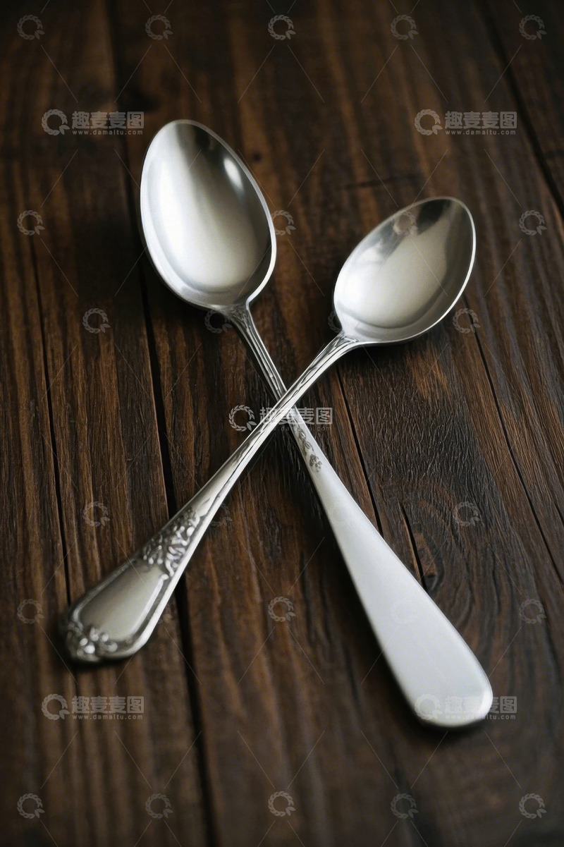 高清大图下载【趣麦麦图】木质桌面上交叉摆放的金属勺子