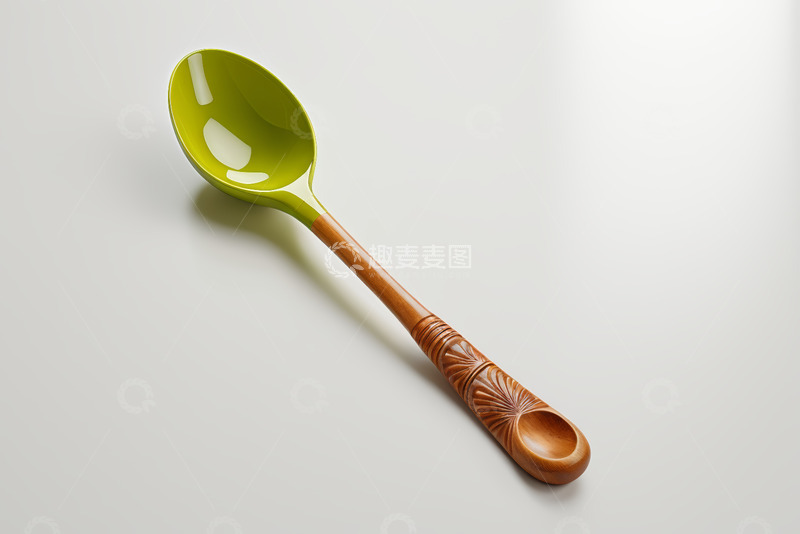 高清大图下载【趣麦麦图】绿色勺头木质柄汤勺特写