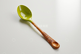绿色勺头木质柄汤勺特写