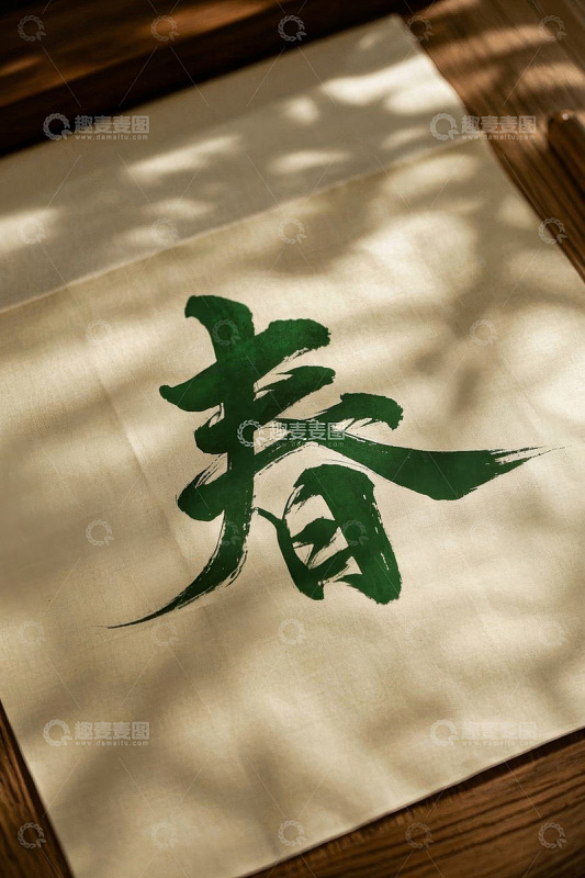 纸上毛笔书写的春字