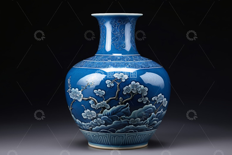 蓝白青花瓷瓶特写