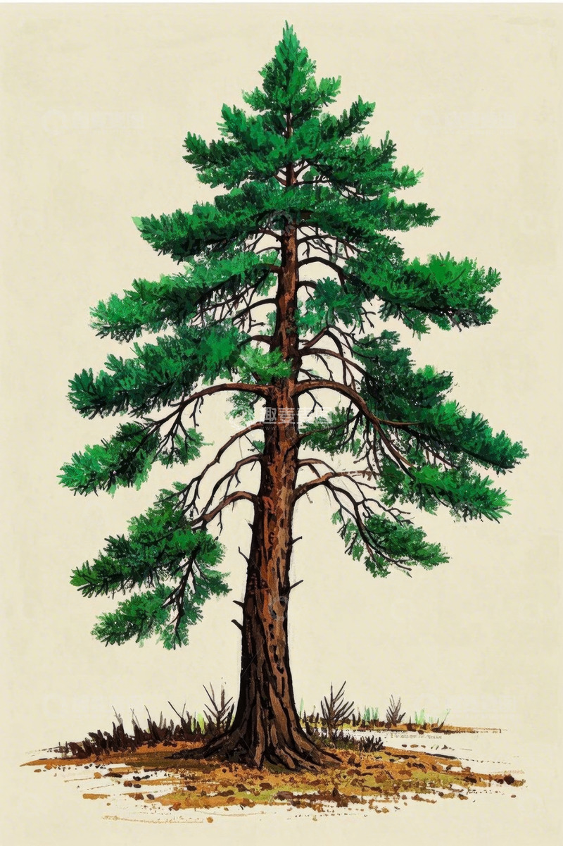 高清大图下载【趣麦麦图】单棵松树手绘插画素材