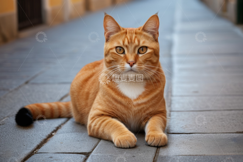 高清大图下载【趣麦麦图】街道上趴着的橘色猫咪