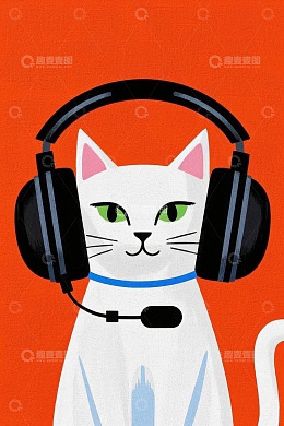 戴耳机的卡通猫咪插画