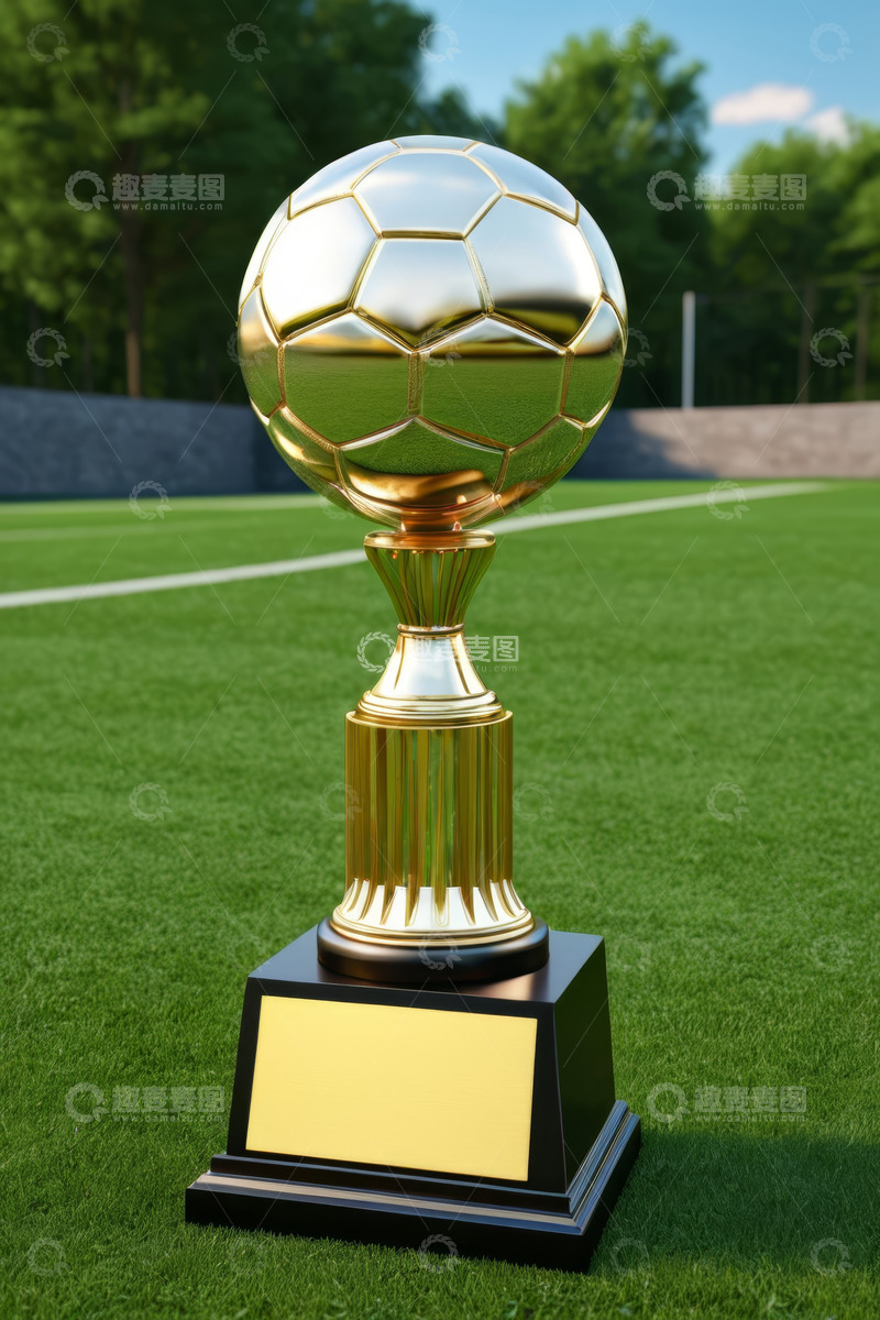 高清大图下载【趣麦麦图】足球奖杯置于绿茵足球场