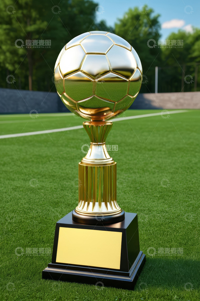 足球奖杯置于绿茵足球场
