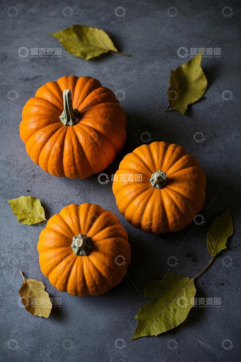 高清大图下载【趣麦麦图】三个南瓜与落叶静物图