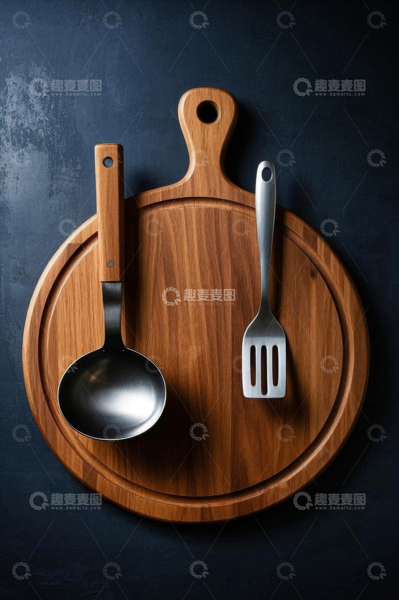 高清大图下载【趣麦麦图】木质砧板上的烹饪工具