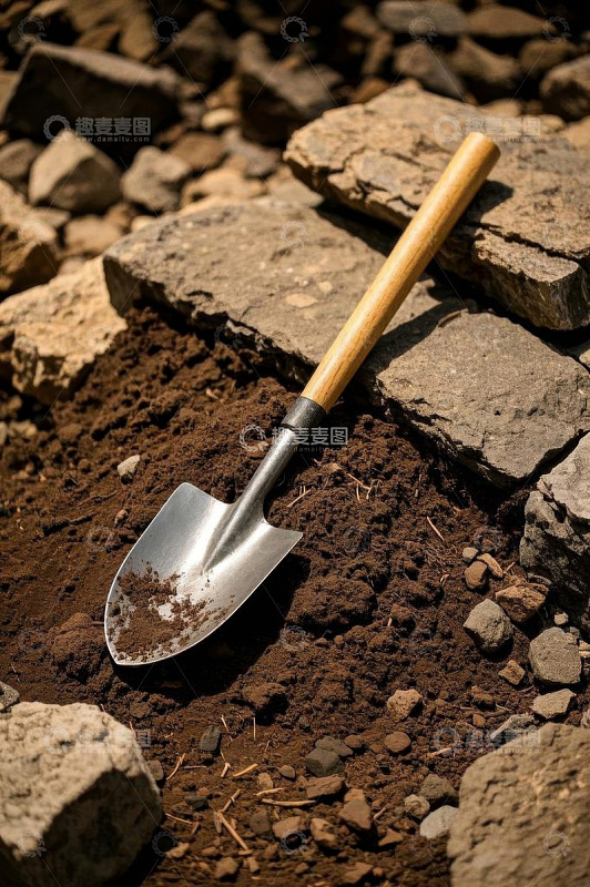泥土上的园艺小铲子