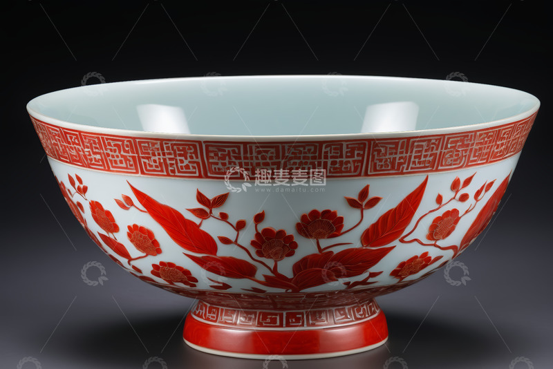 高清大图下载【趣麦麦图】红白花纹陶瓷碗特写